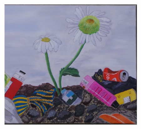 MENACE SUR LA VIE : huile sur toile, 40 cm x 50 cm, janvier 2015. Pollution par les déchets multiples de la société de consommation.